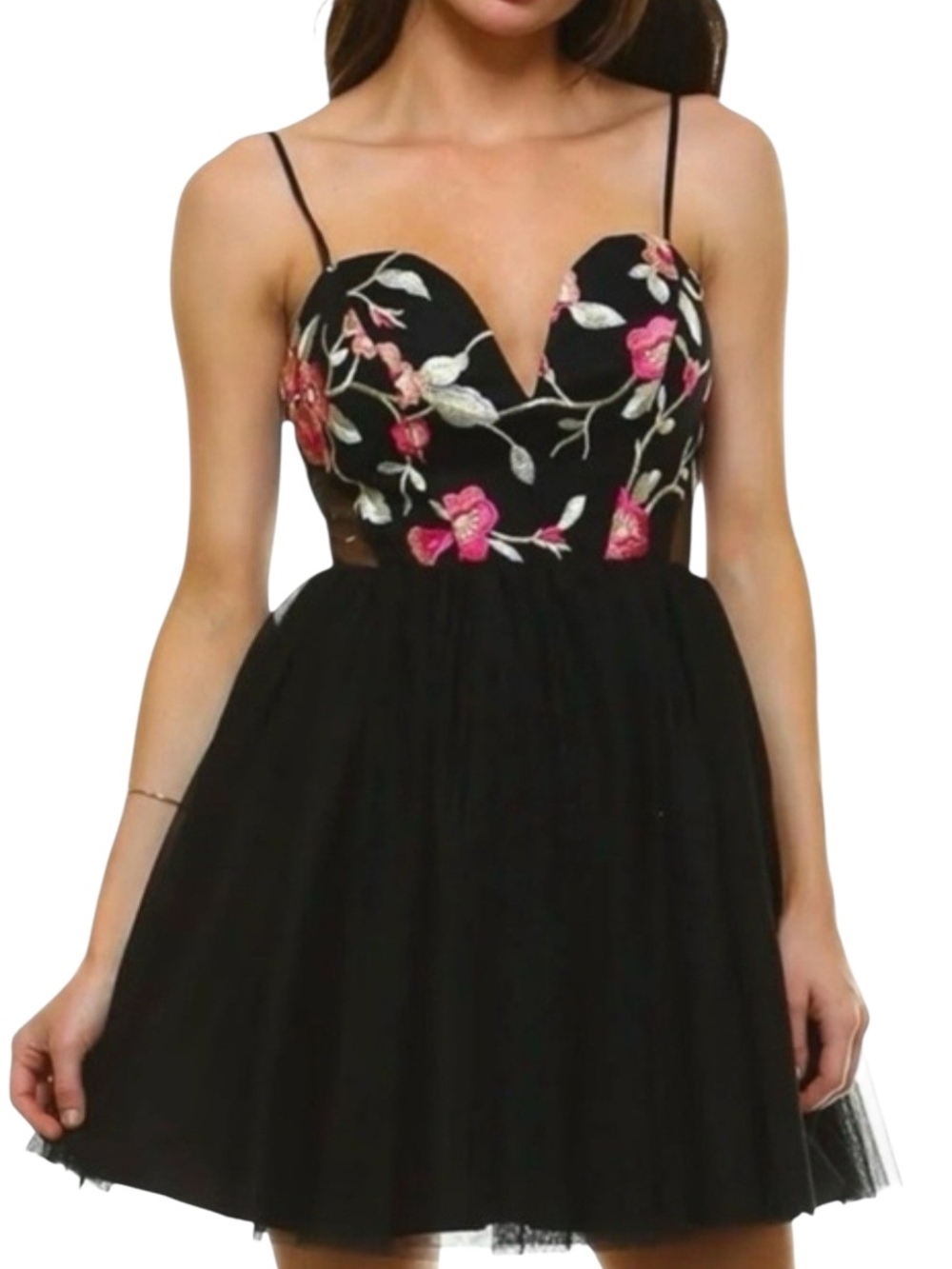 Black Tulle Floral Embroidered Spaghetti-Strap Mini Formal Dress Sz 11 Junior